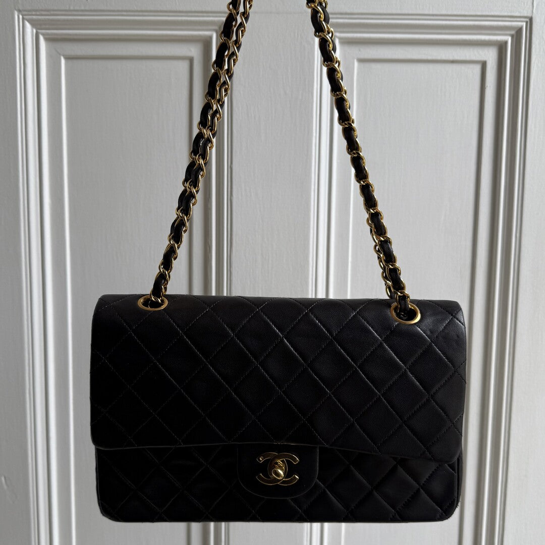 90s Chanel Matelasse Double Flap Chain 24K Gold Black Shoulder Bag