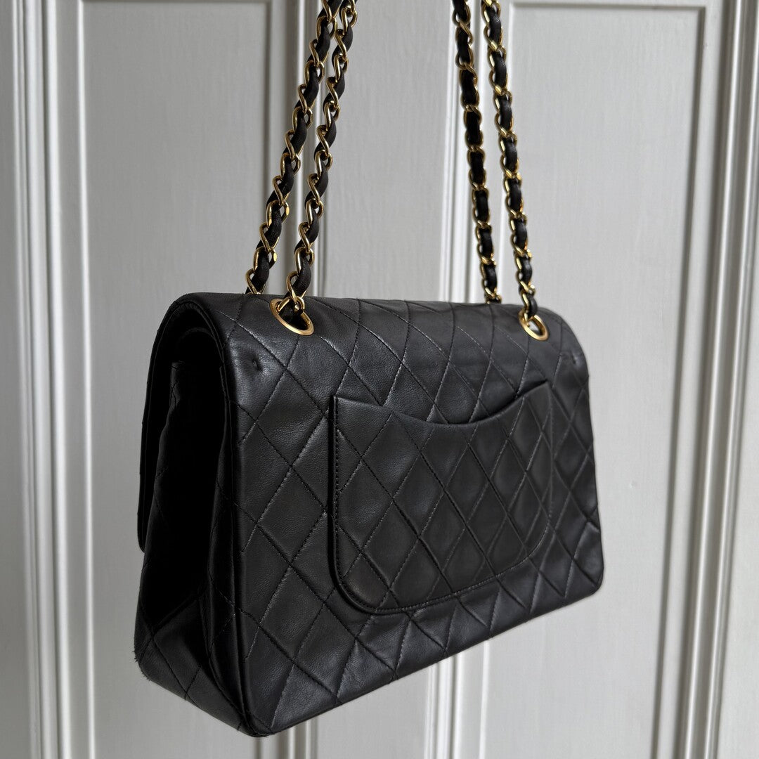 90s Chanel Matelasse Double Flap Chain 24K Gold Black Shoulder Bag