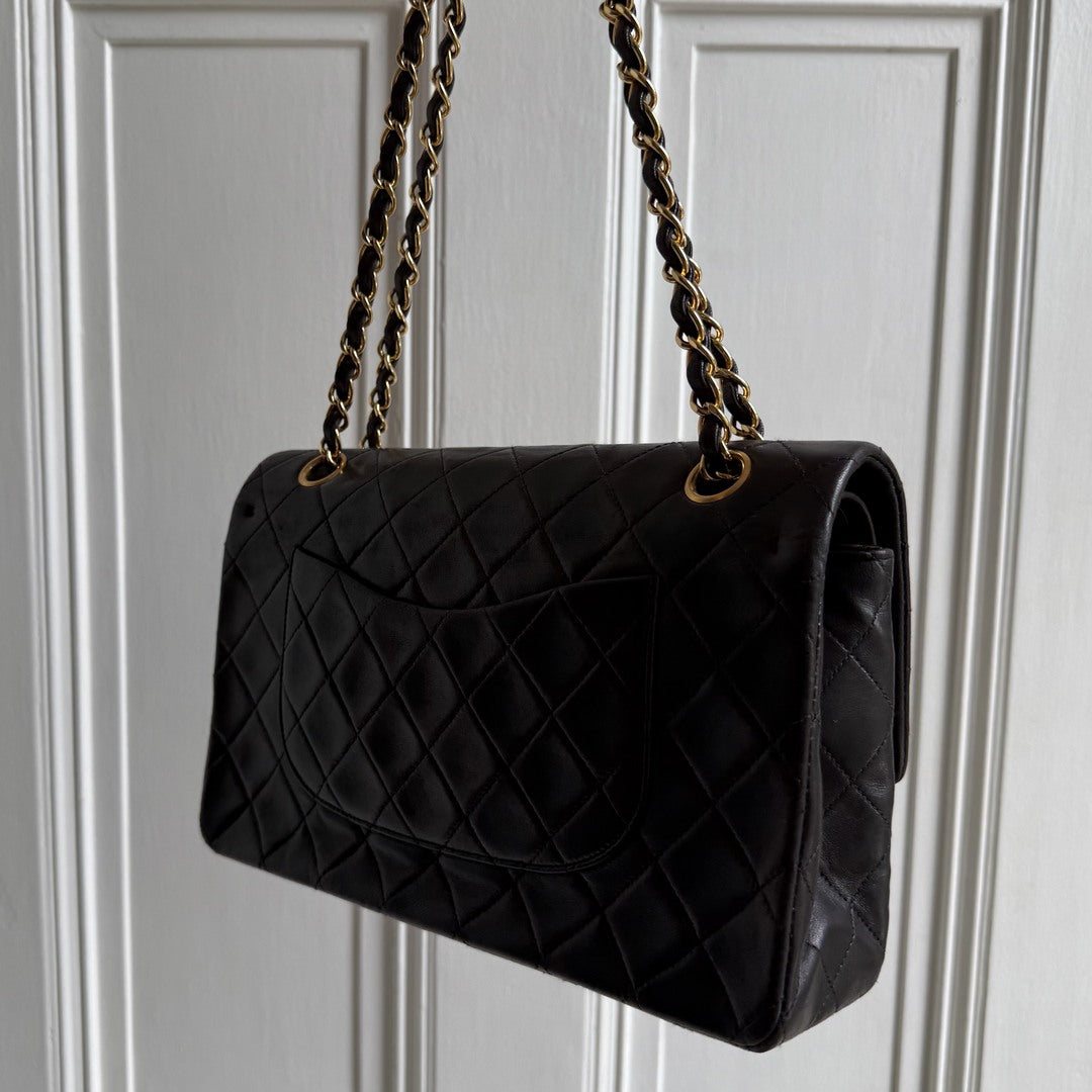 90s Chanel Matelasse Double Flap Chain 24K Gold Black Shoulder Bag