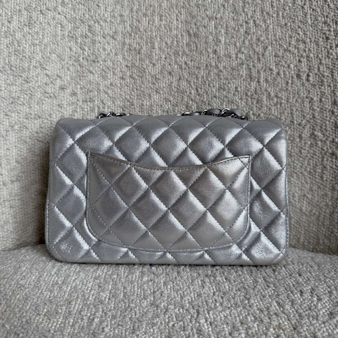 2021 Chanel Classic Metallic Silver Mini Flap Bag