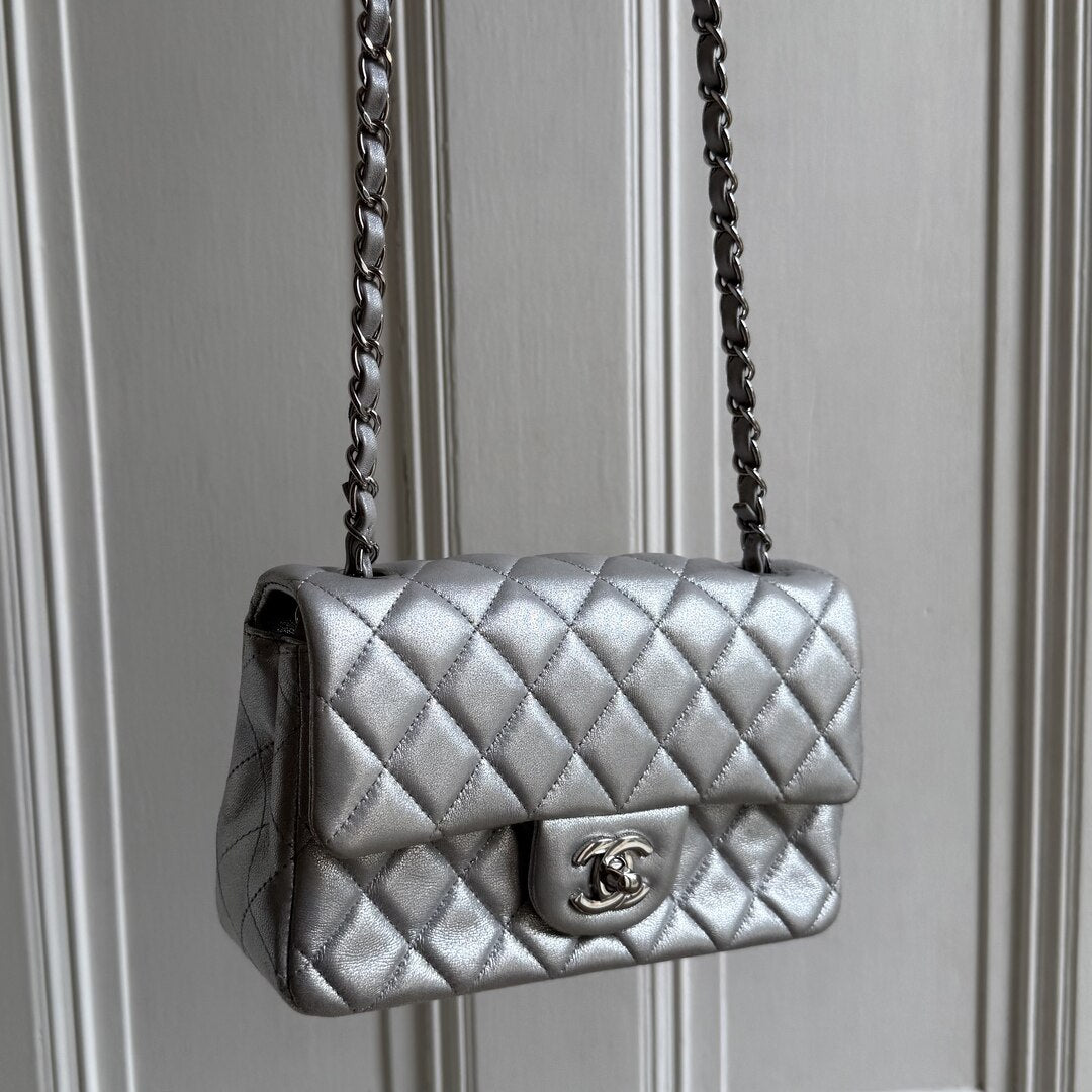 2021 Chanel Classic Metallic Silver Mini Flap Bag