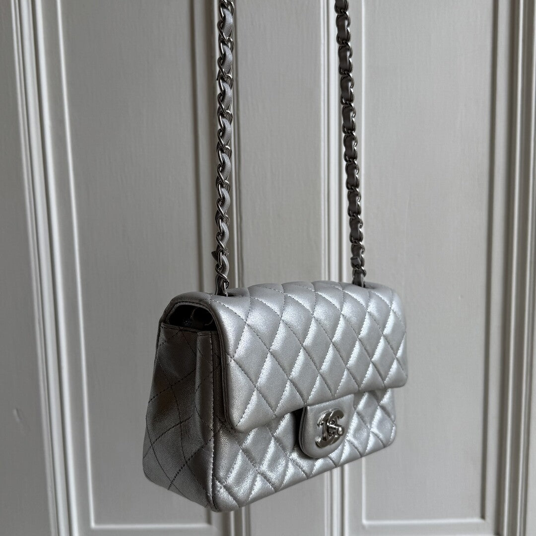 2021 Chanel Classic Metallic Silver Mini Flap Bag