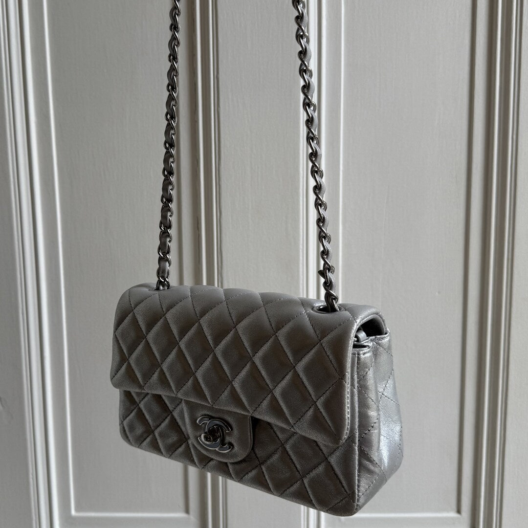 2021 Chanel Classic Metallic Silver Mini Flap Bag