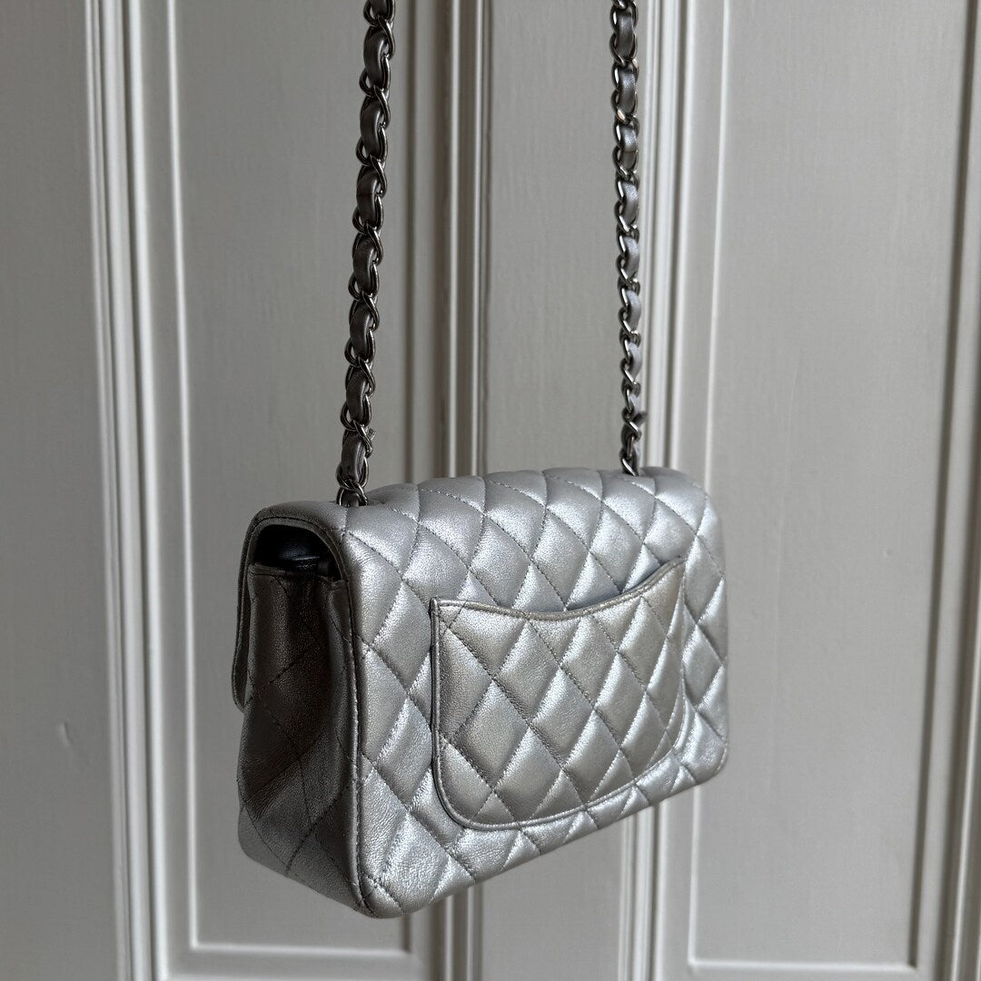 2021 Chanel Classic Metallic Silver Mini Flap Bag