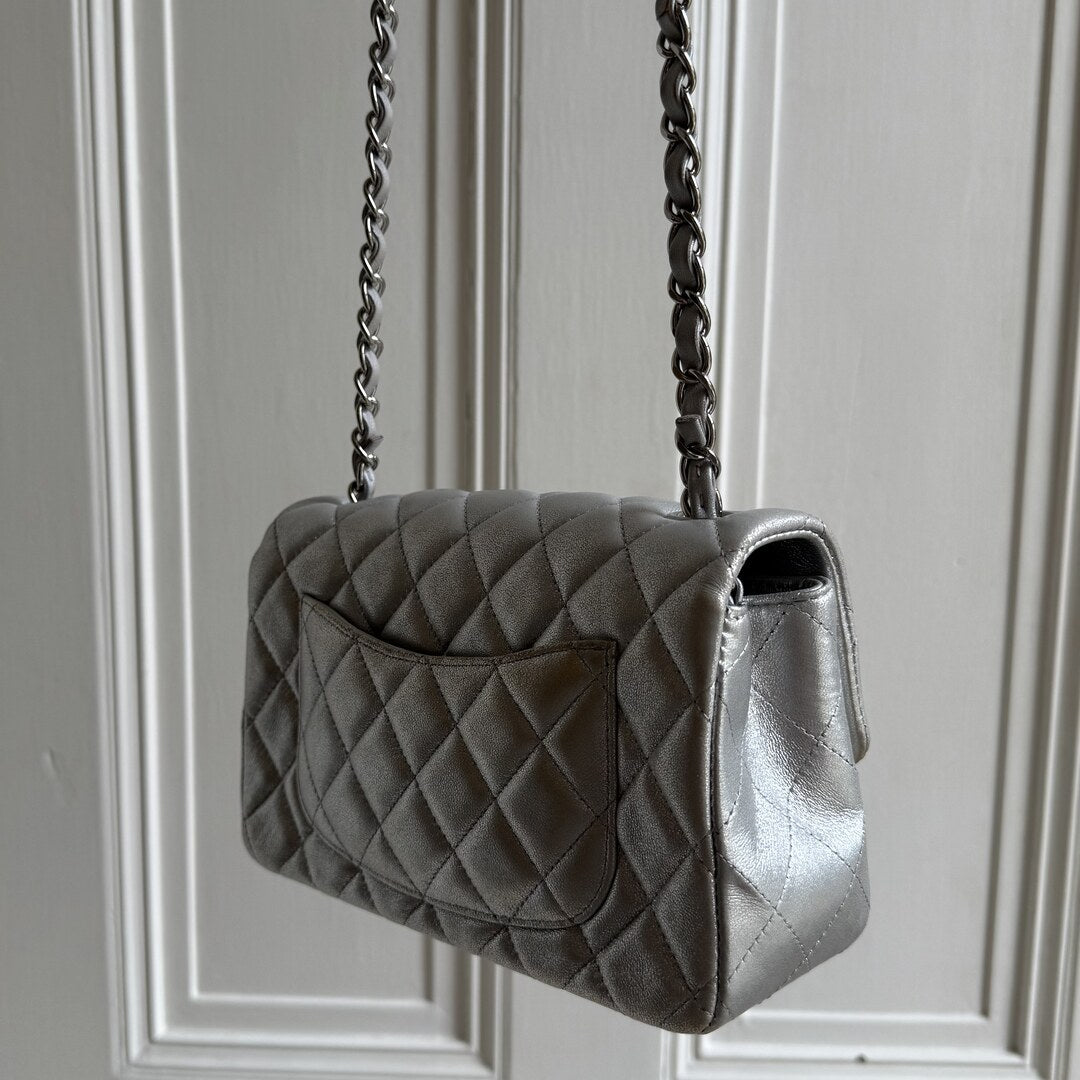 2021 Chanel Classic Metallic Silver Mini Flap Bag