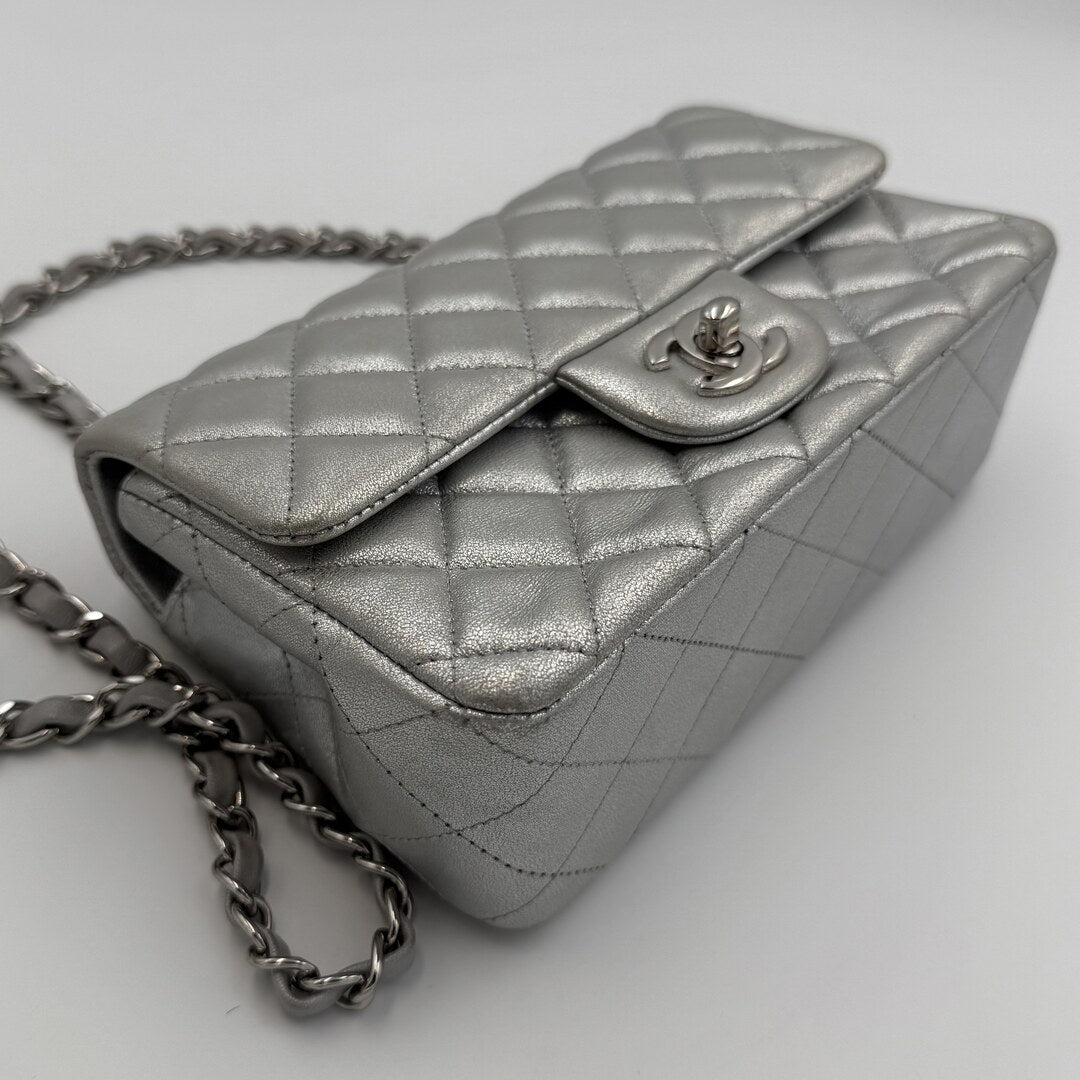 2021 Chanel Classic Metallic Silver Mini Flap Bag