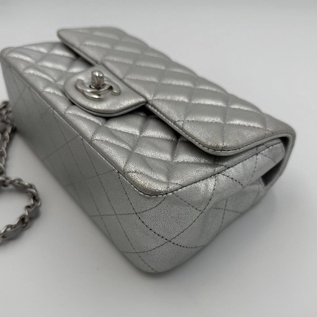 2021 Chanel Classic Metallic Silver Mini Flap Bag