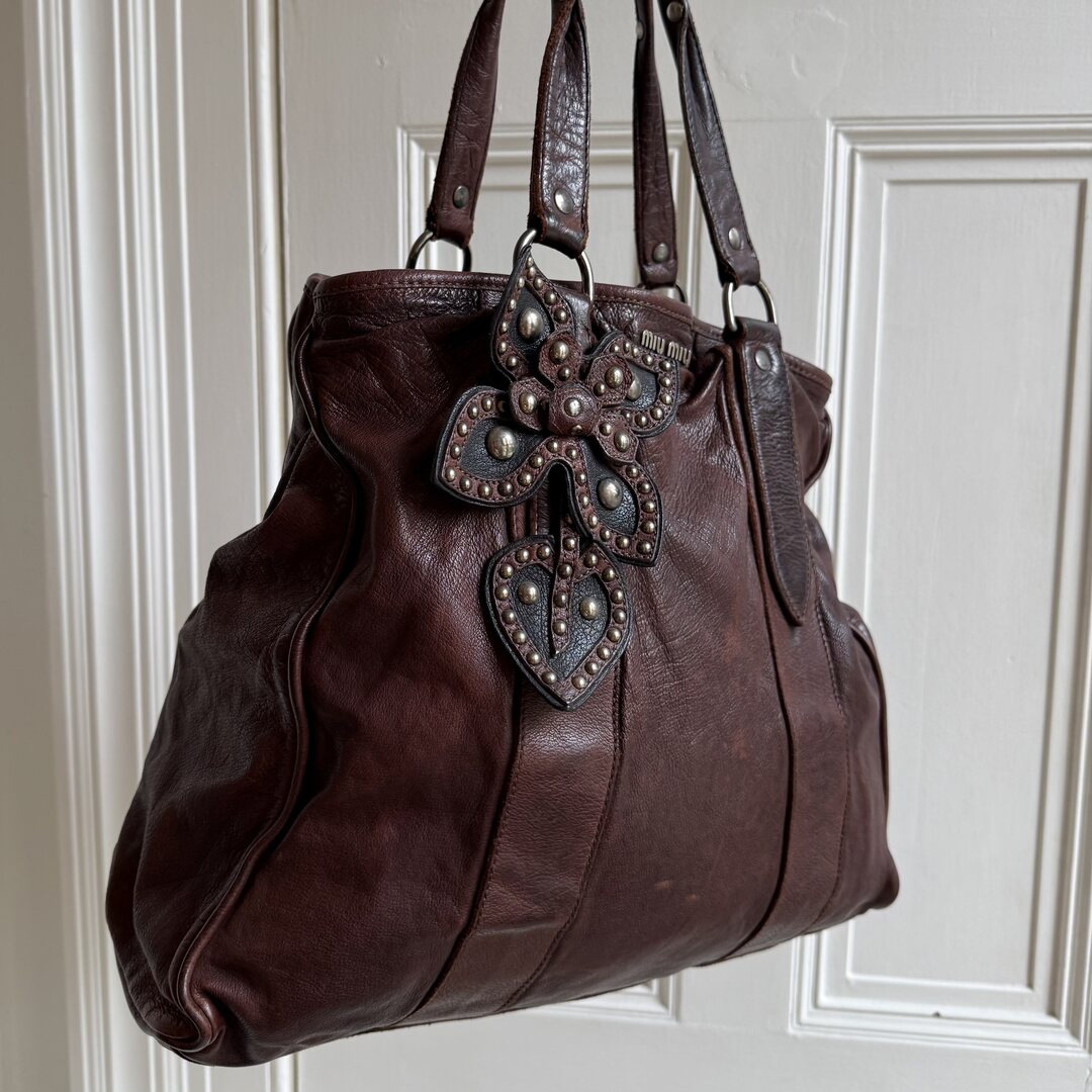 Archive Miu Miu Flower Leather Brown Tote Bag