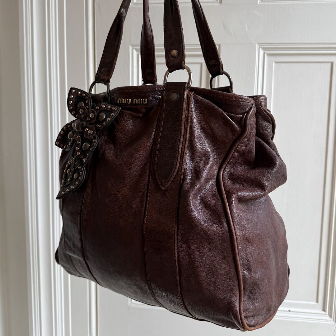 Archive Miu Miu Flower Leather Brown Tote Bag