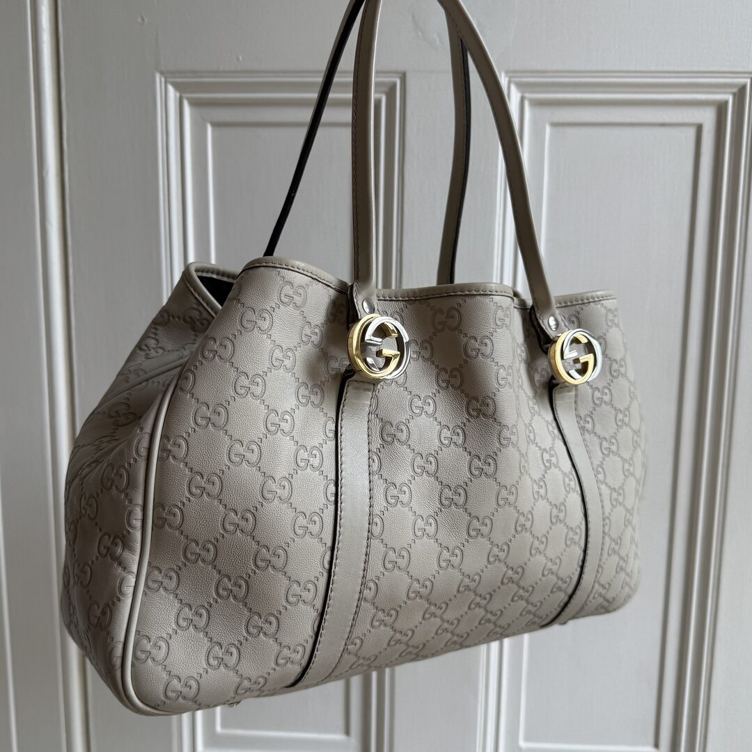 Gucci Guccissima Twins Leather Cream Tote Bag