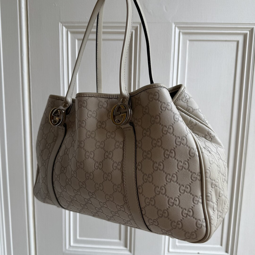 Gucci Guccissima Twins Leather Cream Tote Bag