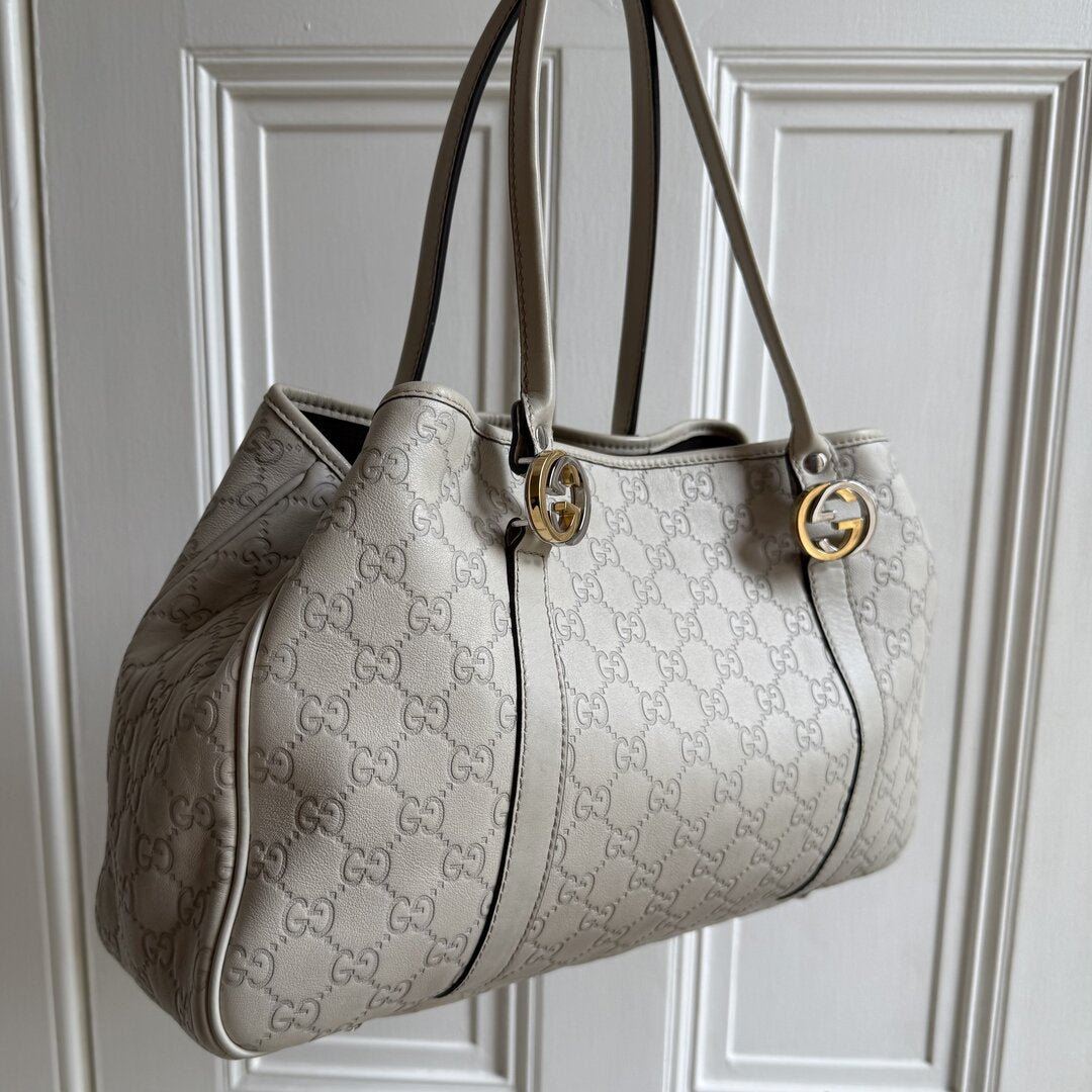 Gucci Guccissima Twins Leather Cream Tote Bag