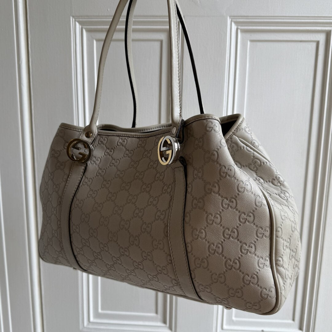 Gucci Guccissima Twins Leather Cream Tote Bag