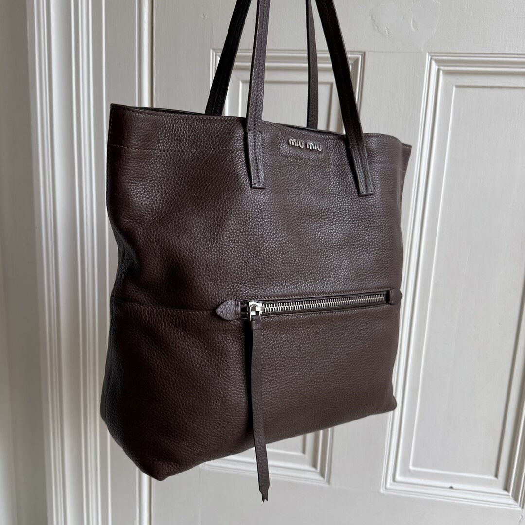 Miu Miu Vitello Brown Leather Tote Bag