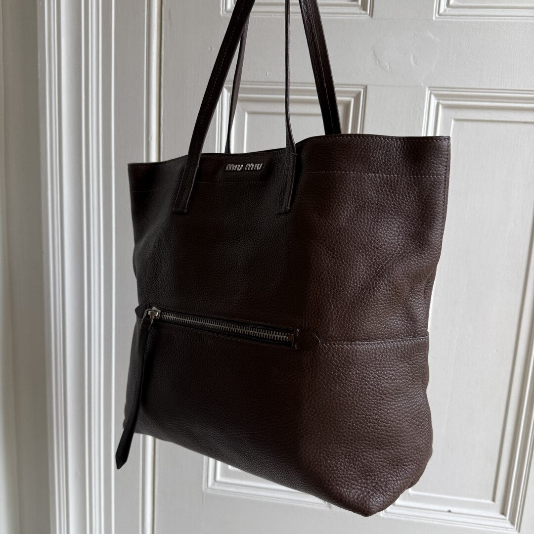 Miu Miu Vitello Brown Leather Tote Bag