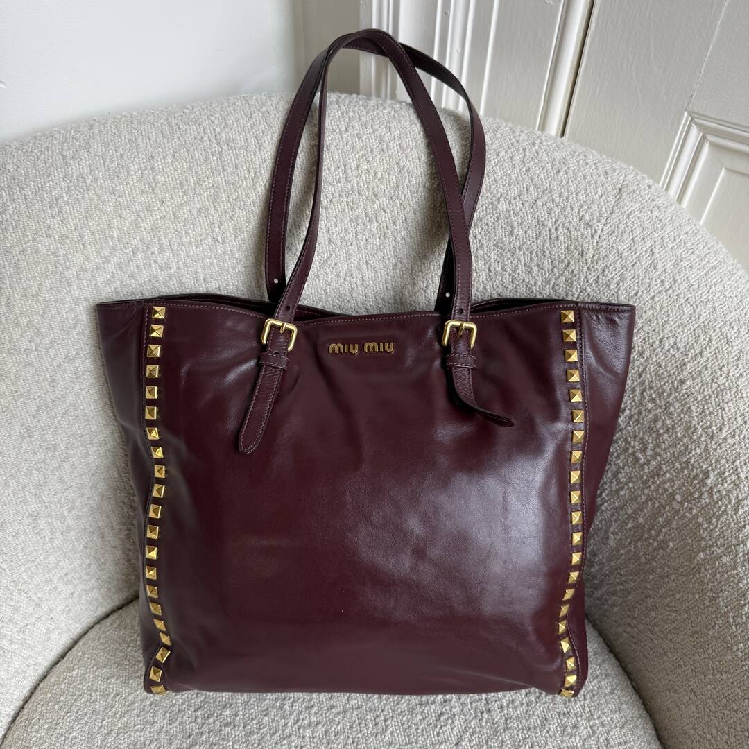 Miu Miu Studded Vitello Brown Leather Tote Bag