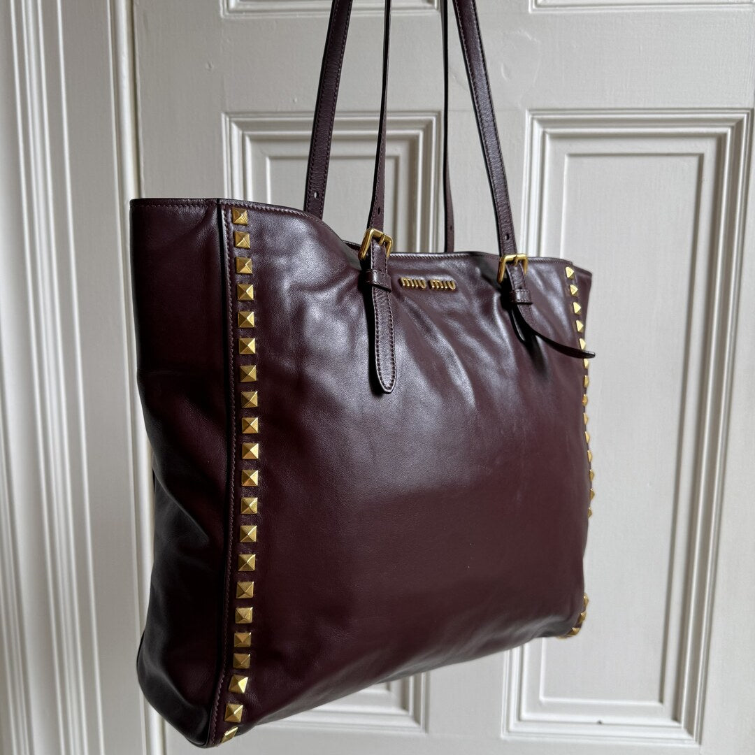 Miu Miu Studded Vitello Brown Leather Tote Bag