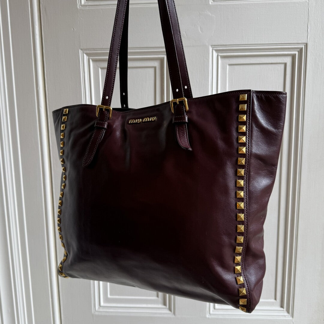 Miu Miu Studded Vitello Brown Leather Tote Bag