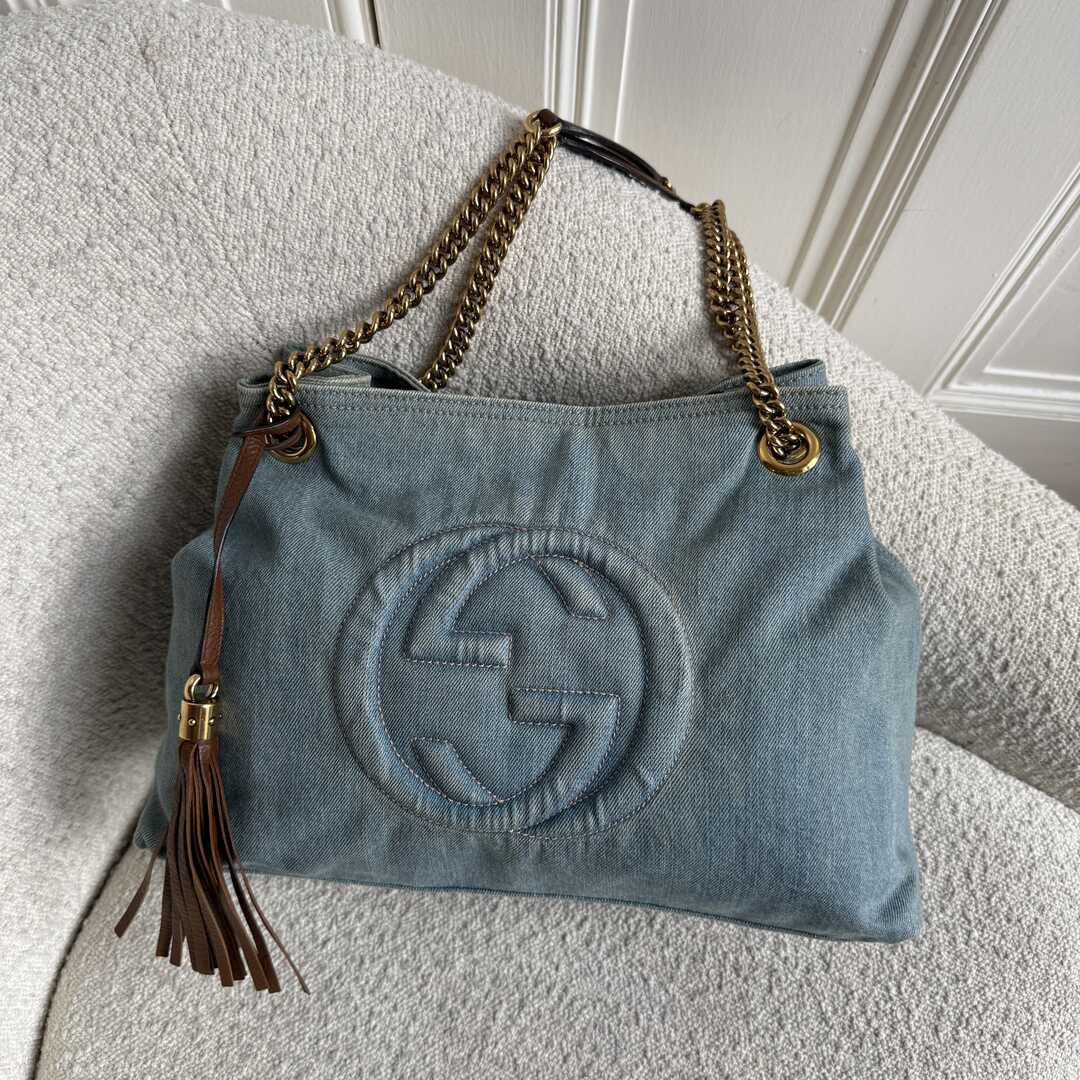 Gucci Soho Chain Denim Blue Tote Bag