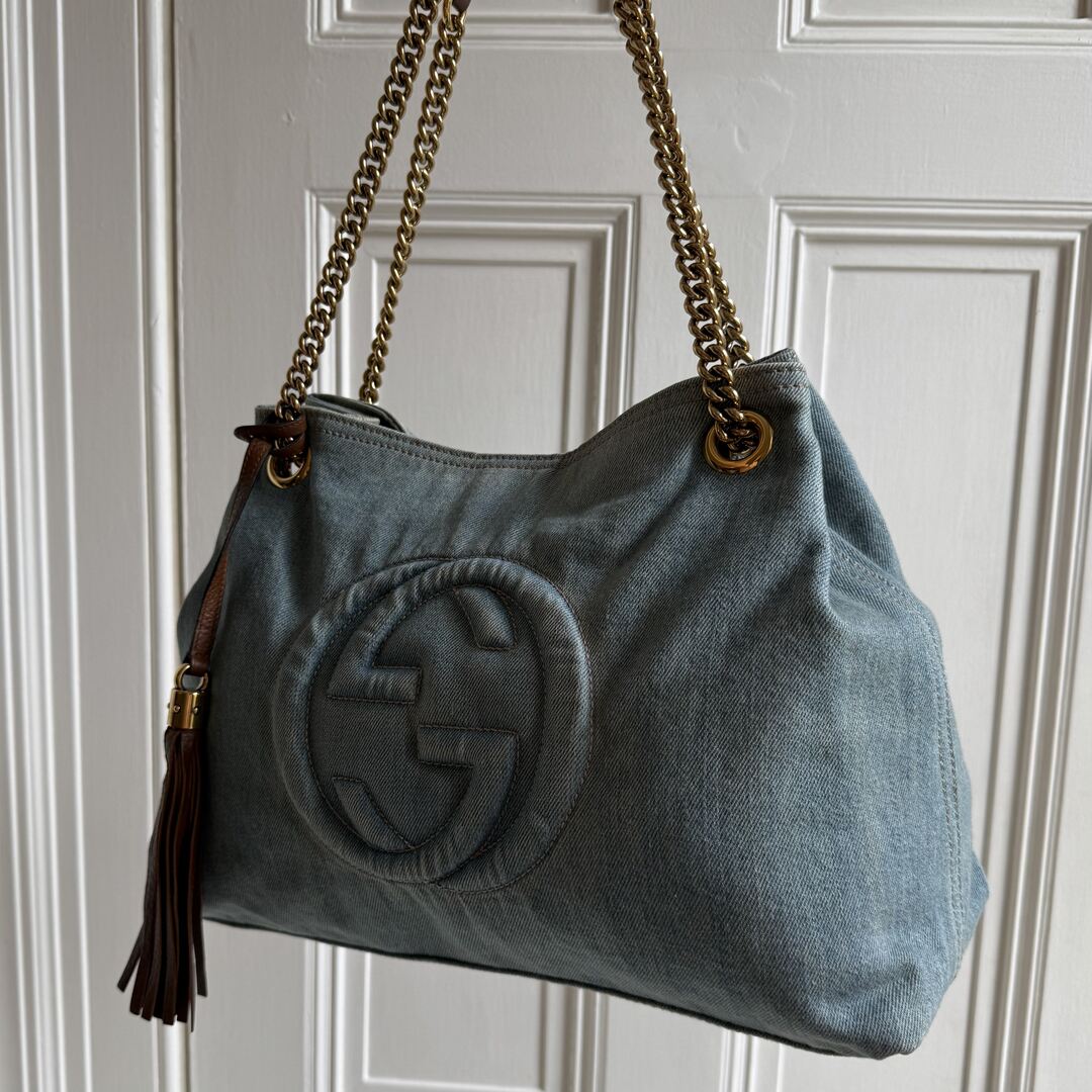 Gucci Soho Chain Denim Blue Tote Bag