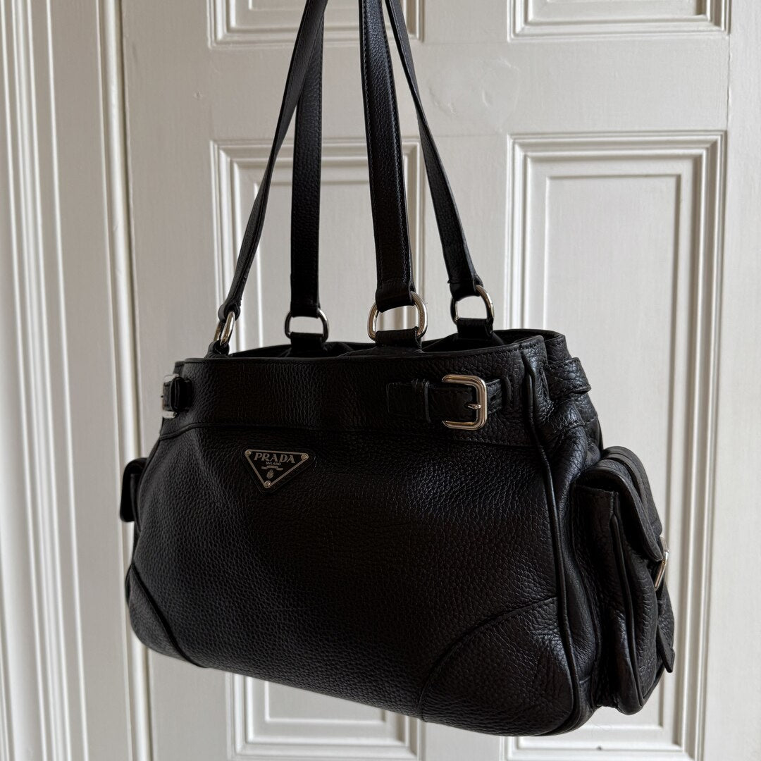 Prada Vitello Daino Leather Black Tote Bag