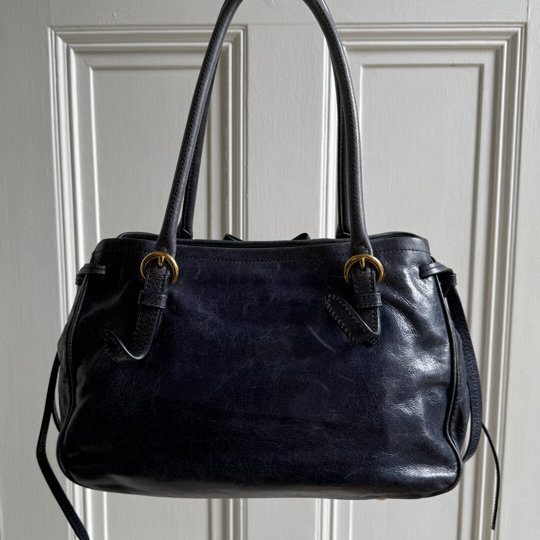 Miu Miu Vitello Bow Navy Leather Shoulder Bag