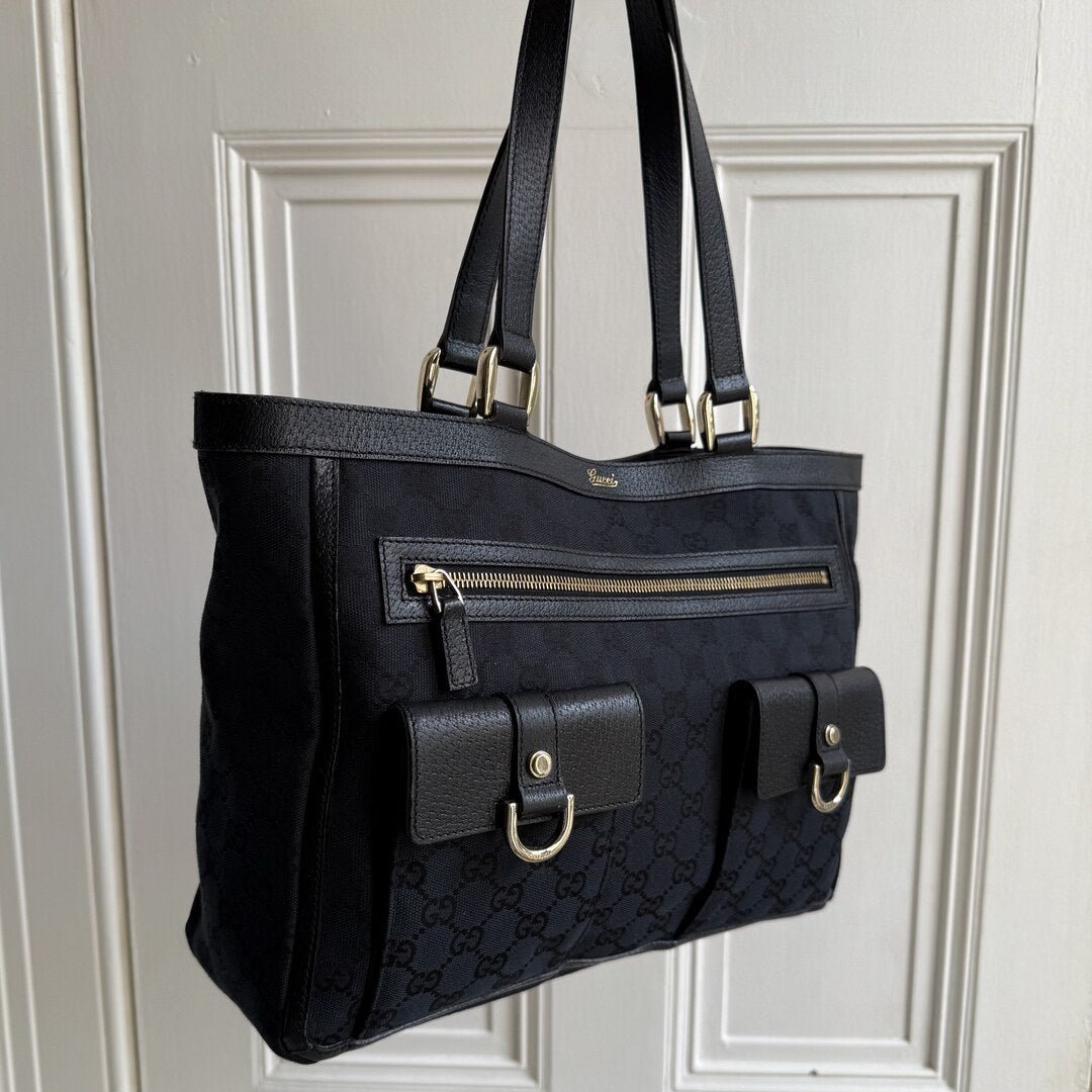 Gucci GG Canvas Abbey D-Ring Pocket Black Tote Bag