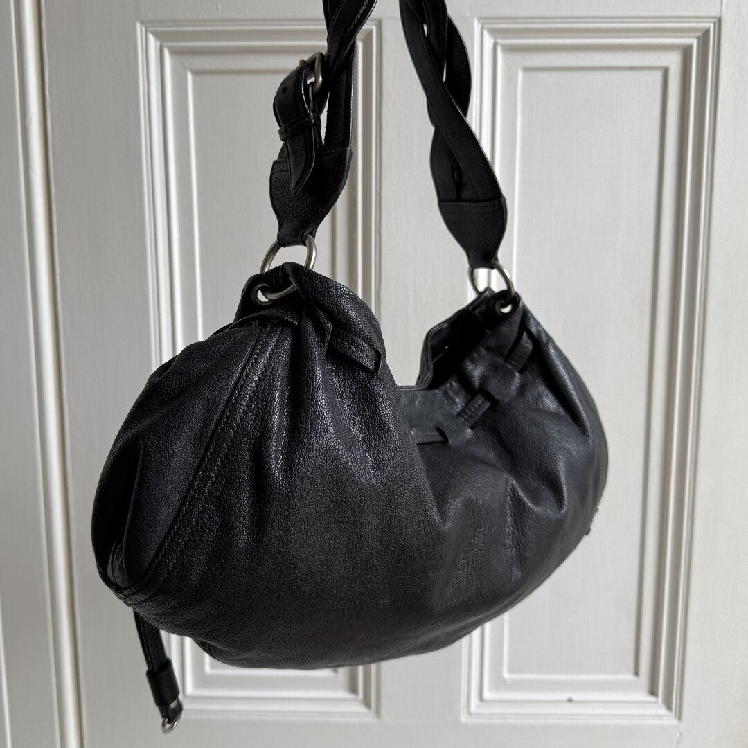2000s Miu Miu Hobo Leather Black Shoulder Bag