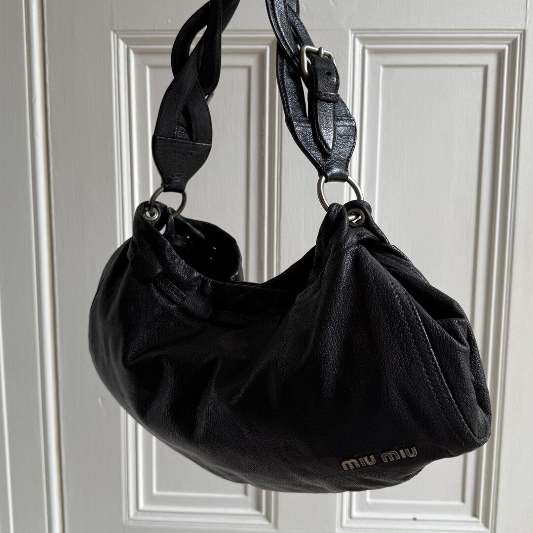 2000s Miu Miu Hobo Leather Black Shoulder Bag