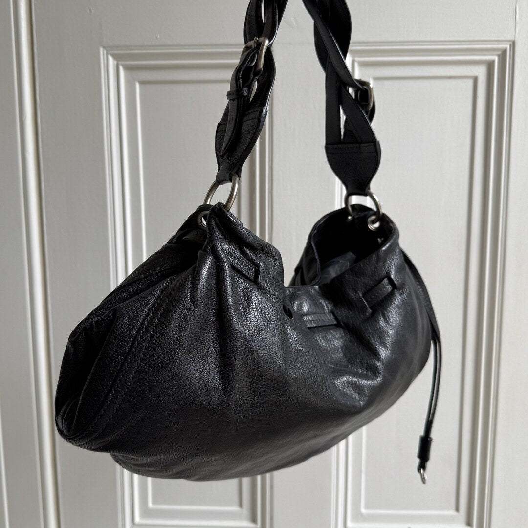 2000s Miu Miu Hobo Leather Black Shoulder Bag