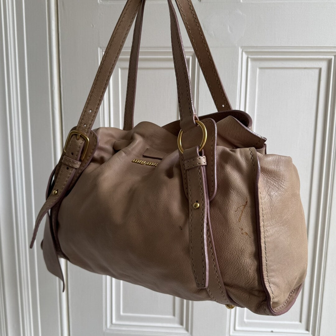 Miu Miu Vitello Leather Beige Tote Bag