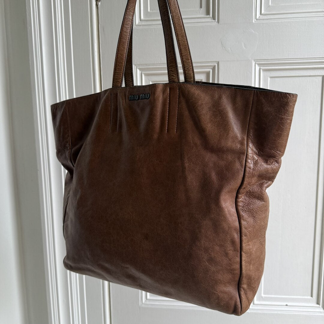 Miu Miu Vitello Brown Leather Tote Bag