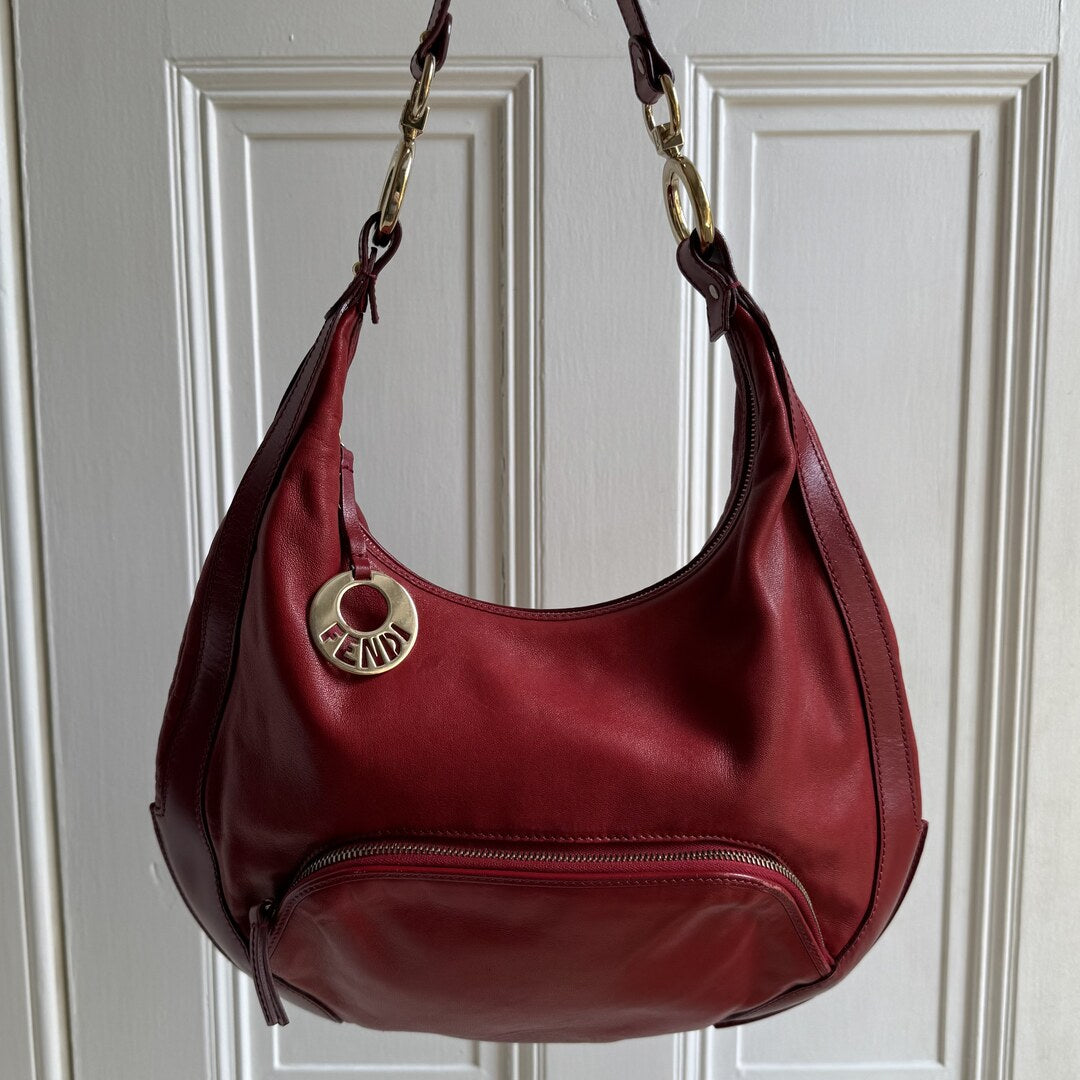 Fendi Charm Hobo Red Leather Shoulder Bag