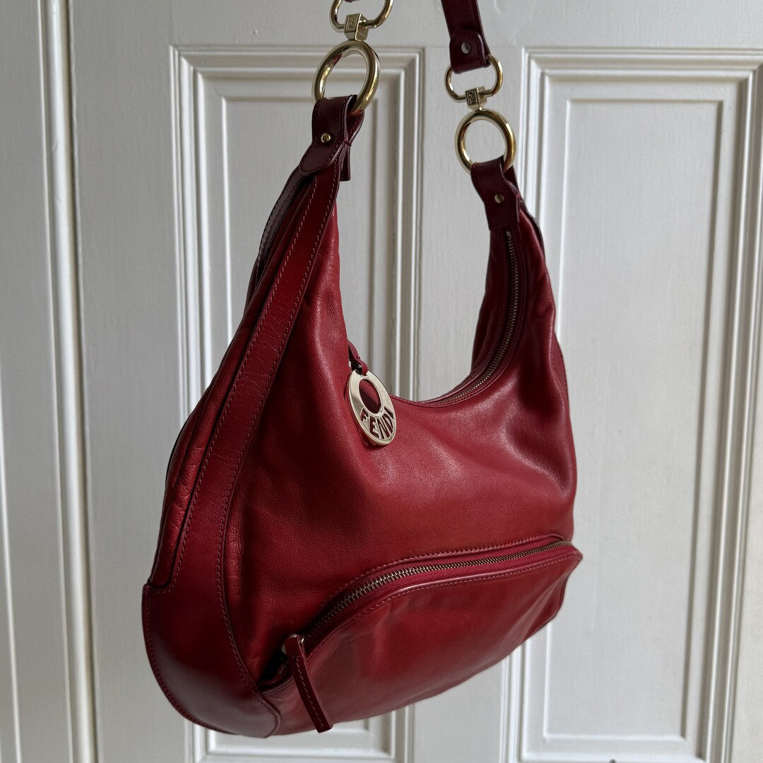 Fendi Charm Hobo Red Leather Shoulder Bag