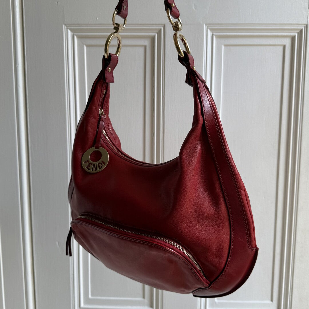 Fendi Charm Hobo Red Leather Shoulder Bag