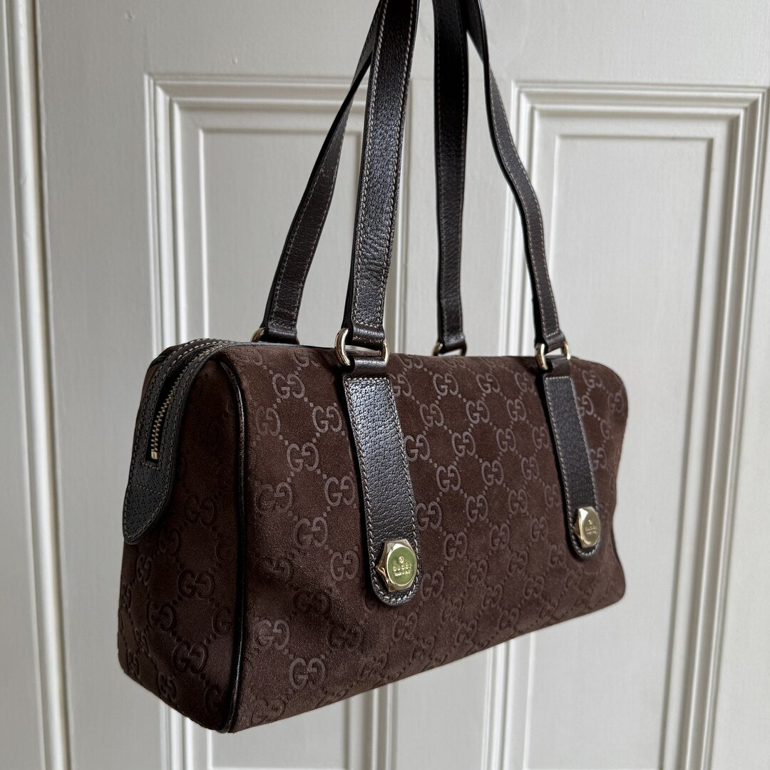 Rare Gucci GG Suede Charmy Boston Brown Shoulder Bag