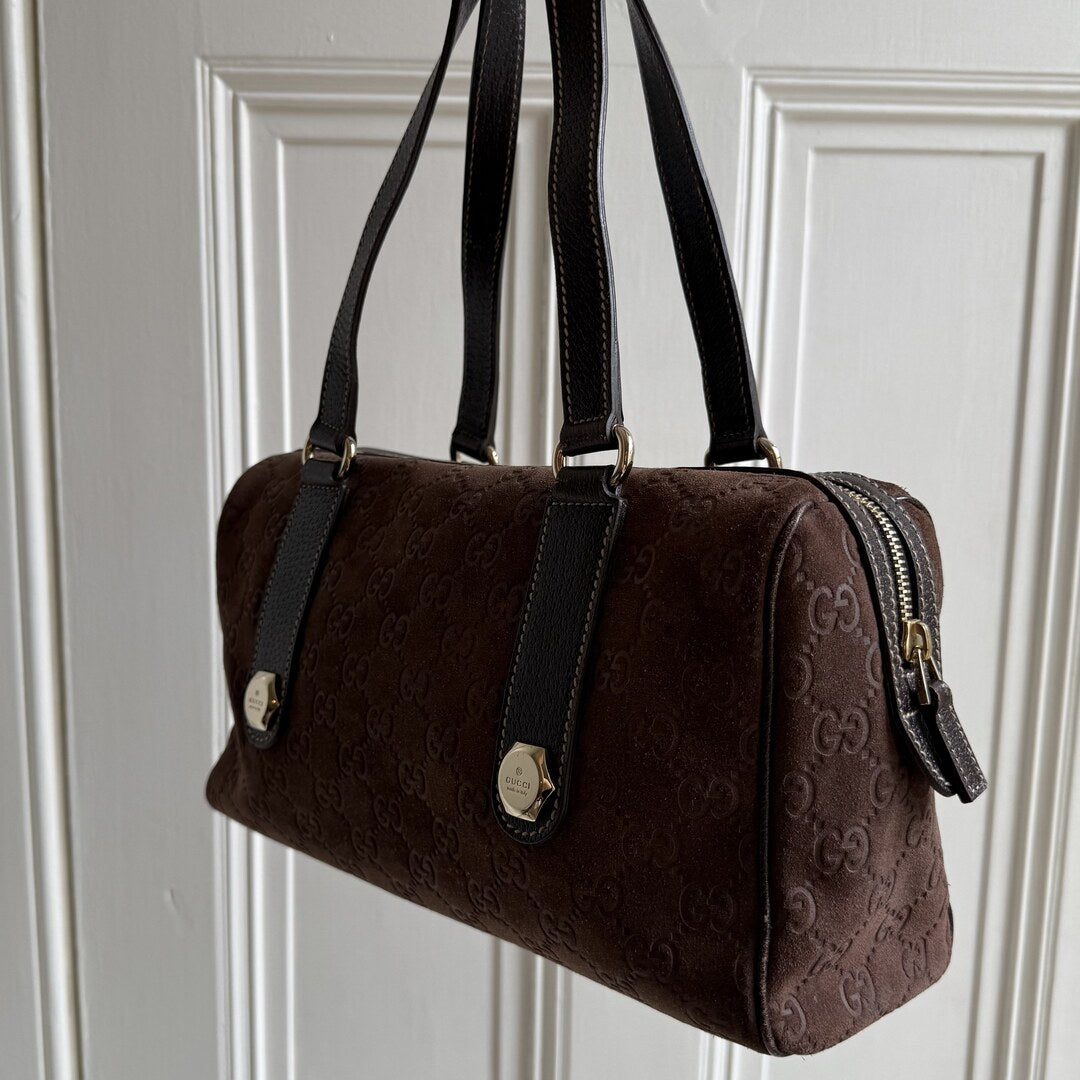Rare Gucci GG Suede Charmy Boston Brown Shoulder Bag