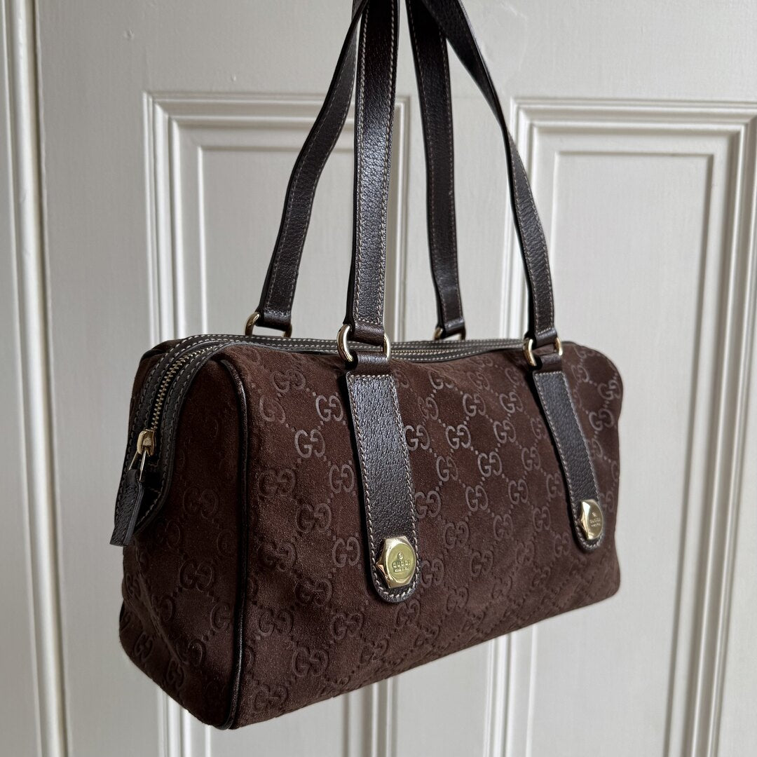 Rare Gucci GG Suede Charmy Boston Brown Shoulder Bag