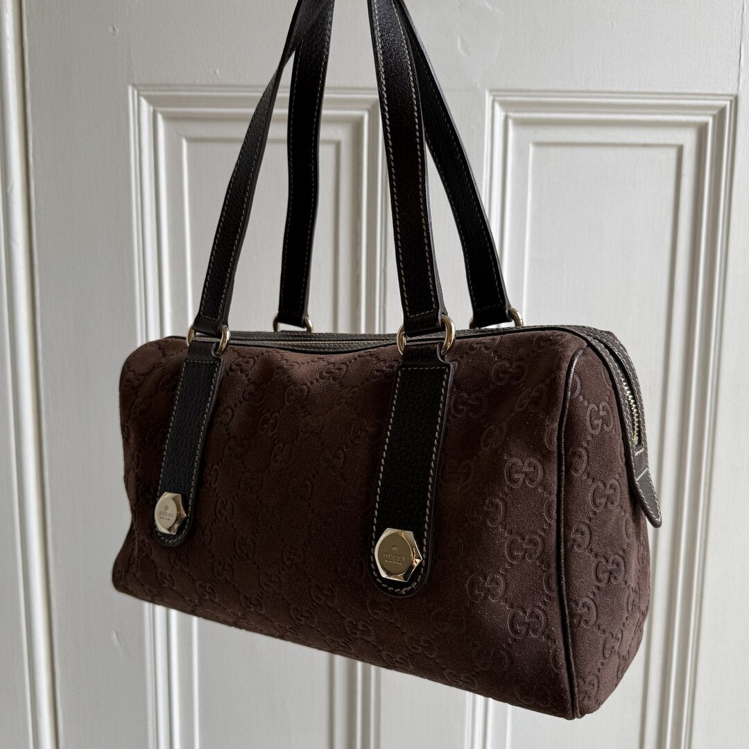 Rare Gucci GG Suede Charmy Boston Brown Shoulder Bag