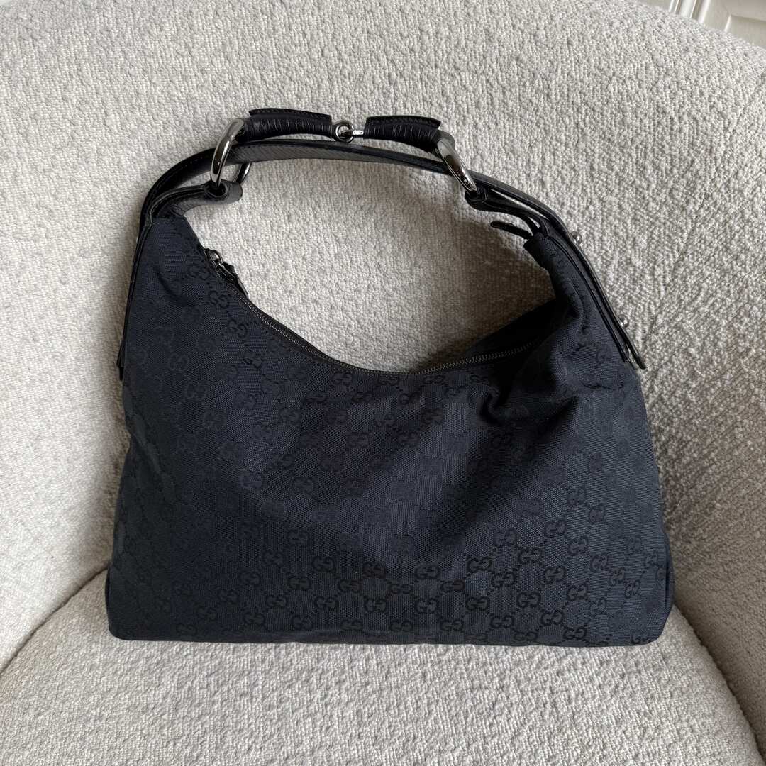 Gucci GG Canvas Horsebit Hobo Black Shoulder Bag