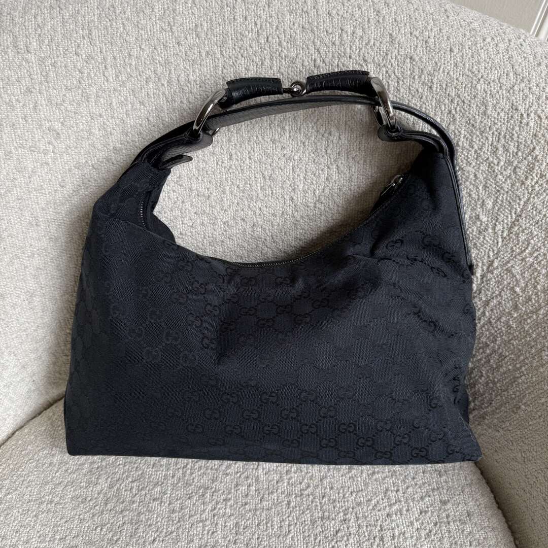 Gucci GG Canvas Horsebit Hobo Black Shoulder Bag