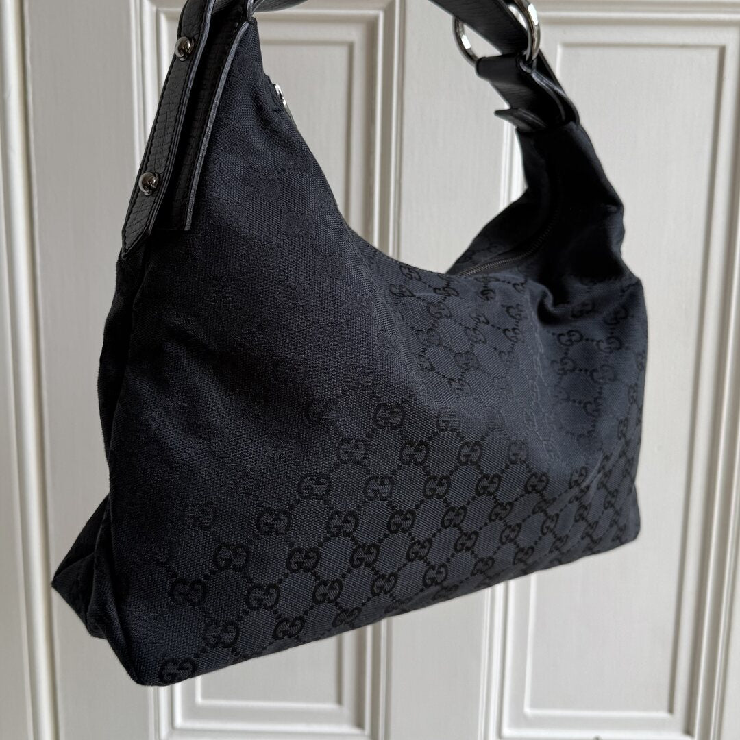 Gucci GG Canvas Horsebit Hobo Black Shoulder Bag