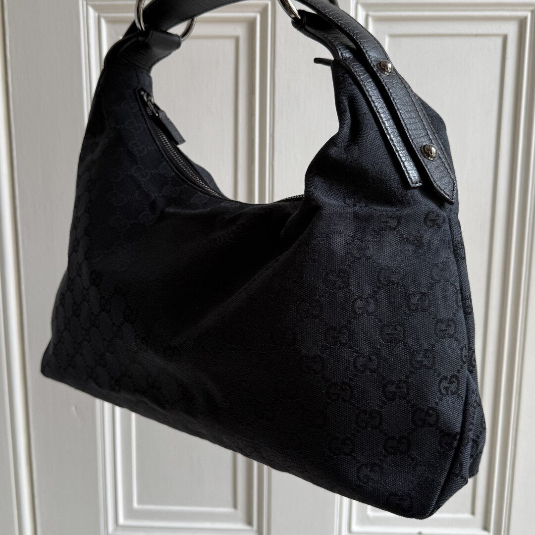 Gucci GG Canvas Horsebit Hobo Black Shoulder Bag
