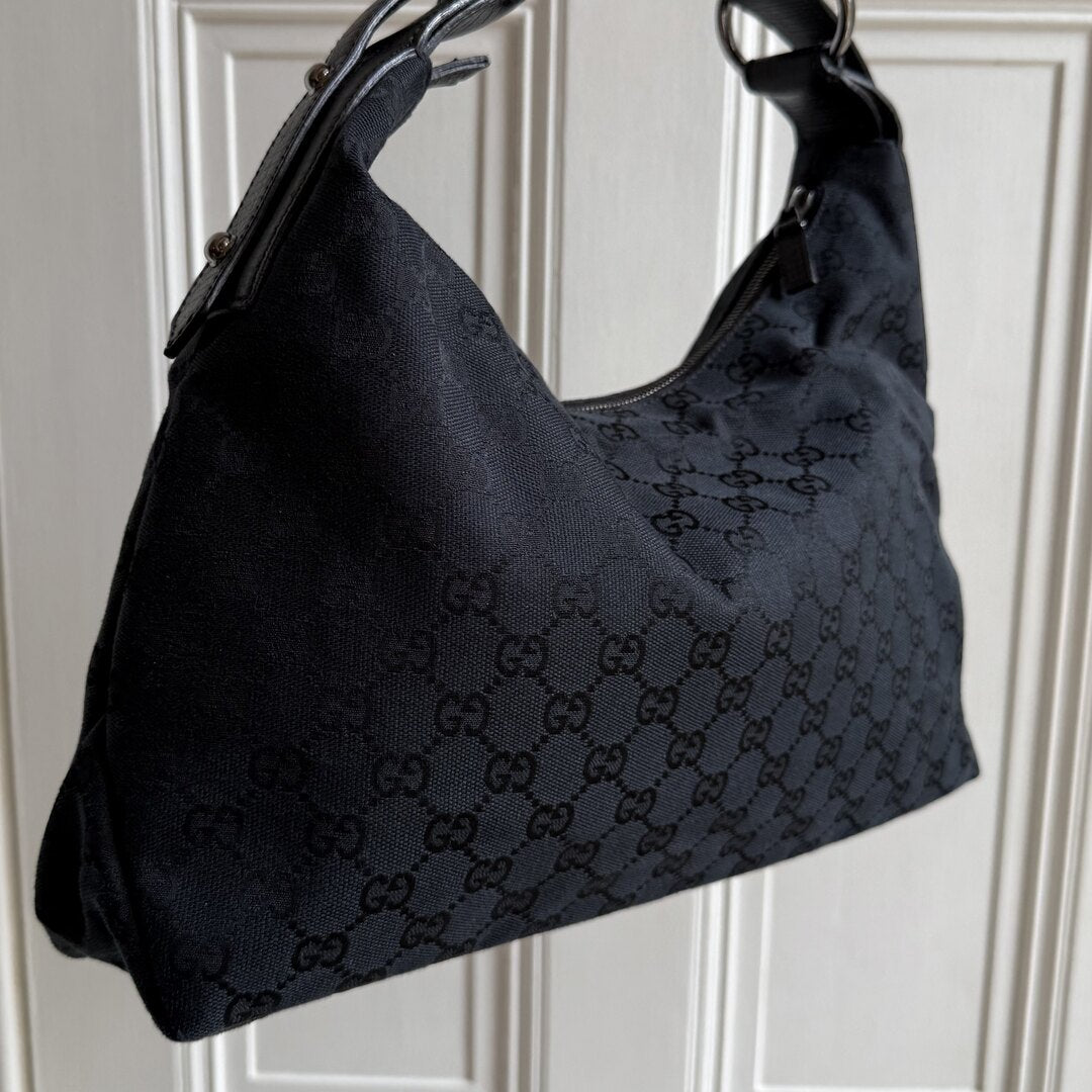 Gucci GG Canvas Horsebit Hobo Black Shoulder Bag