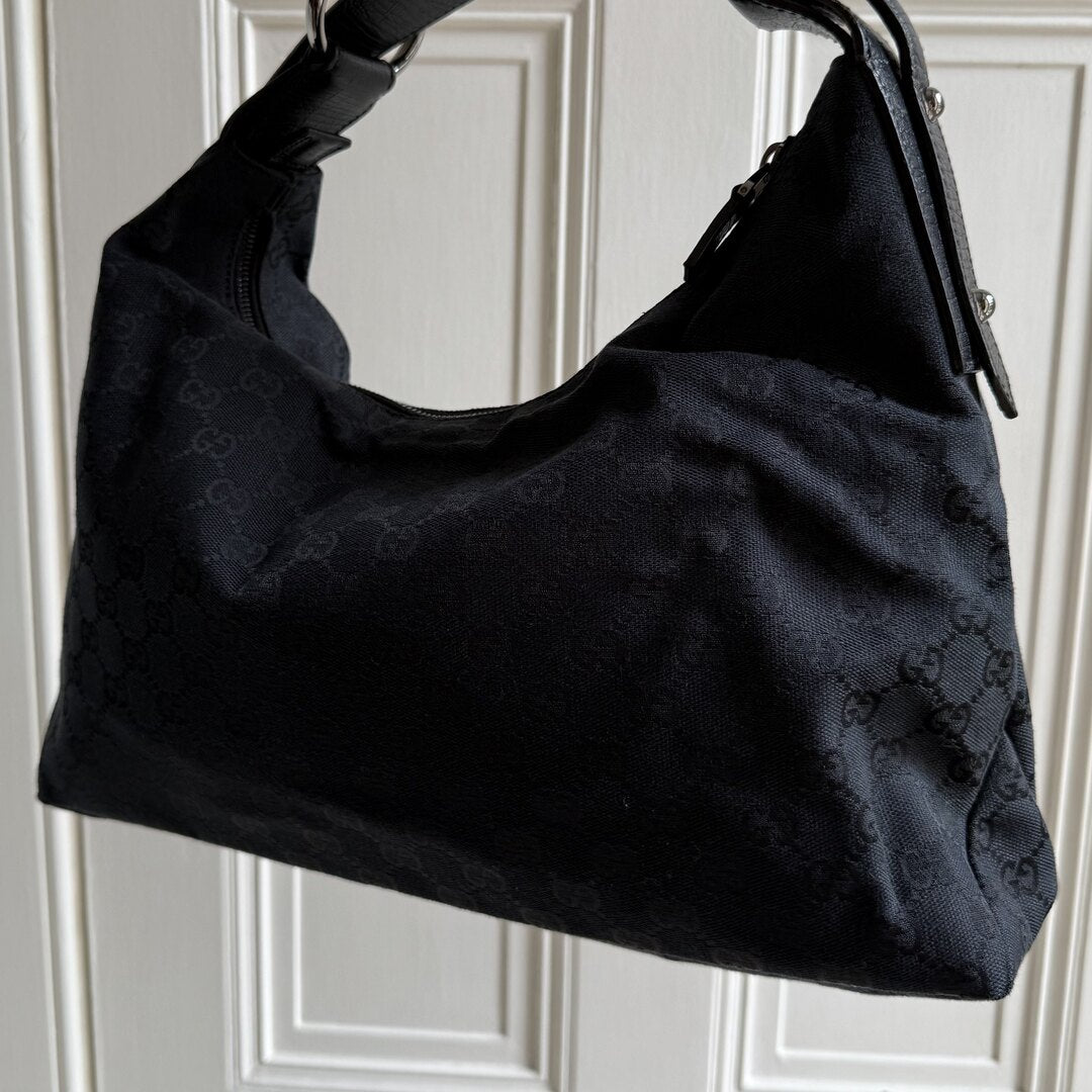 Gucci GG Canvas Horsebit Hobo Black Shoulder Bag