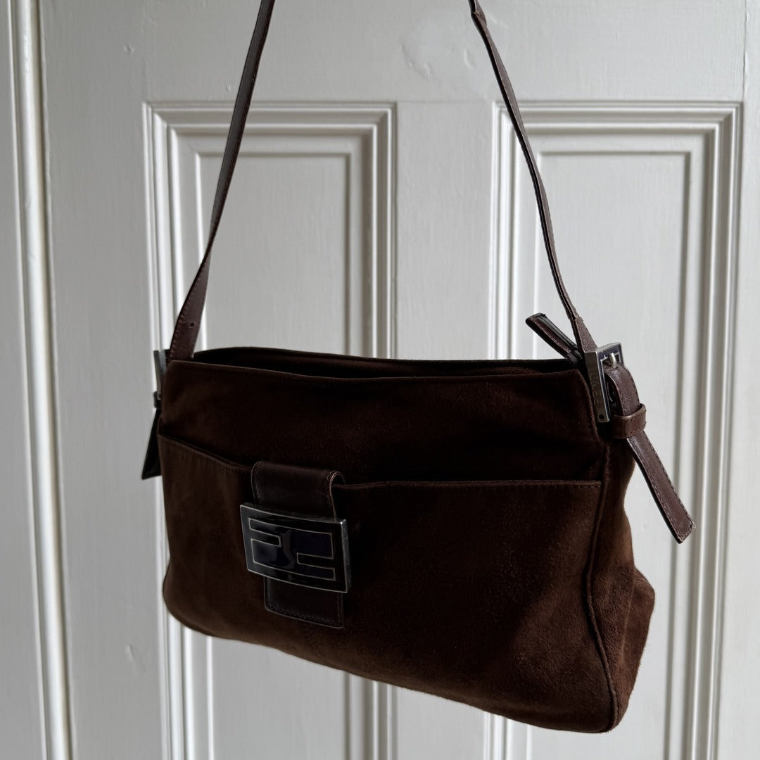 Fendi Mamma Baguette Suede Brown Shoulder Bag