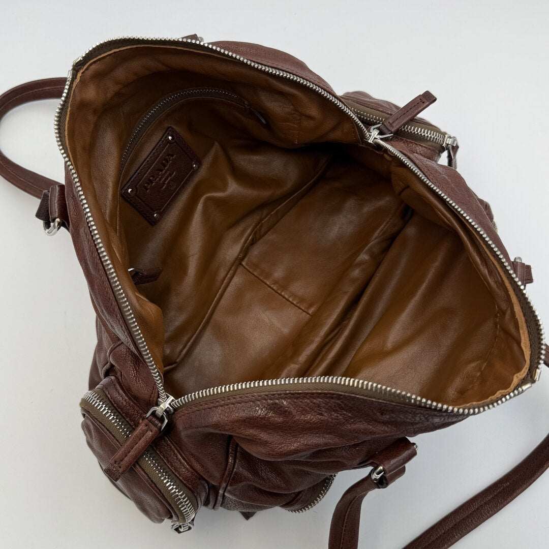 Prada Washed Bauletto Brown Leather Shoulder Bag