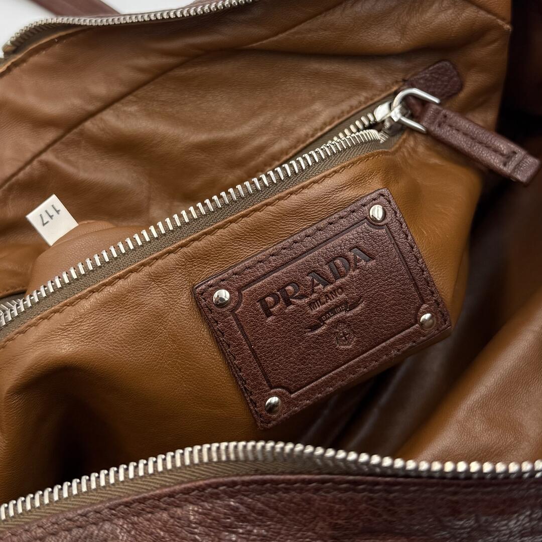Prada Washed Bauletto Brown Leather Shoulder Bag