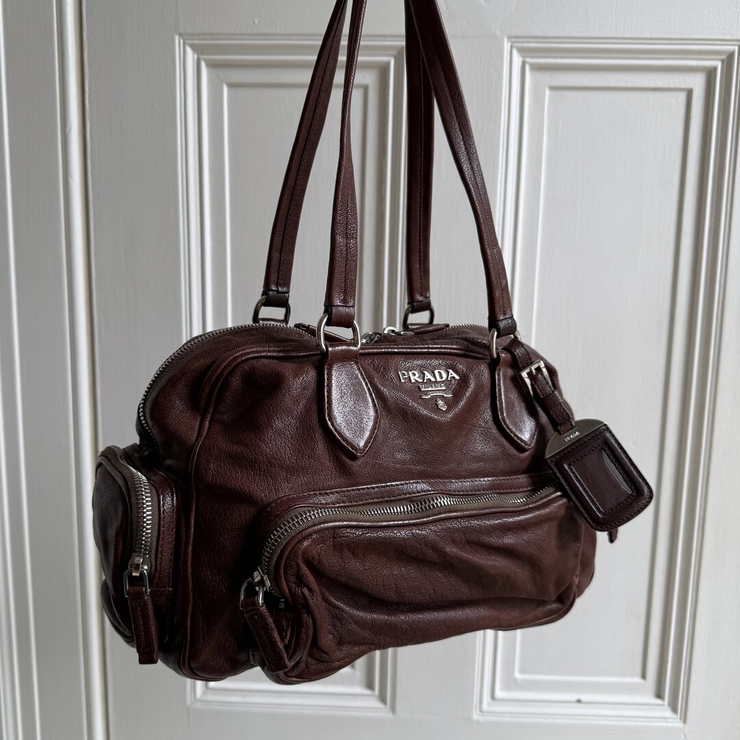Prada Washed Bauletto Brown Leather Shoulder Bag
