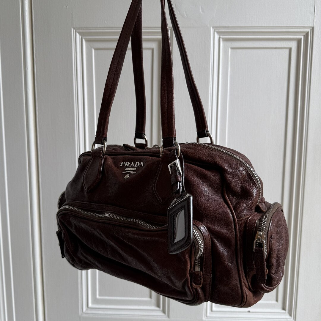 Prada Washed Bauletto Brown Leather Shoulder Bag